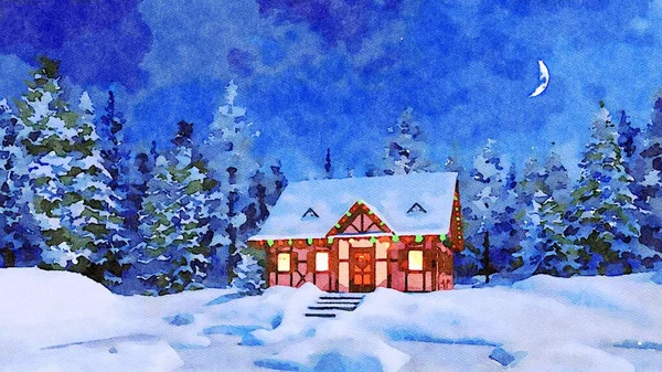 Dekorative Aquarelllandschaft Mit Gemütlichem Abgelegenen Landhaus Weihnachtlich Dekoriert Unter Schneebedecktem — Stockfoto