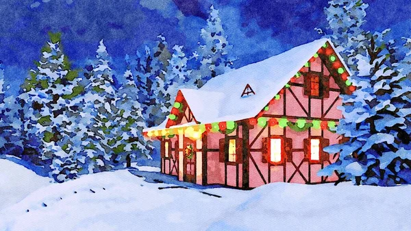 Esboço Aquarela Decorativo Casa Rural Meia Madeira Calçada Neve Aconchegante — Fotografia de Stock