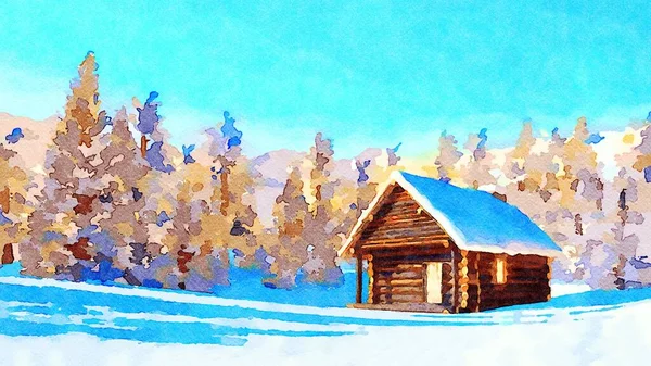 Decorative watercolor landscape with solitary snowbound log cabin among fir tree forest high in snowy alpine mountains at fine winter day. Digital art painting from my own 3D rendering file.