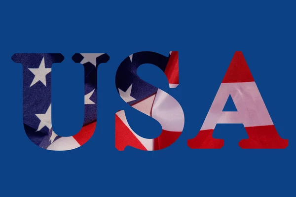 Слово Сша Американским Флагом Синем Фоне Американский Символ Празднования Праздника — стоковое фото