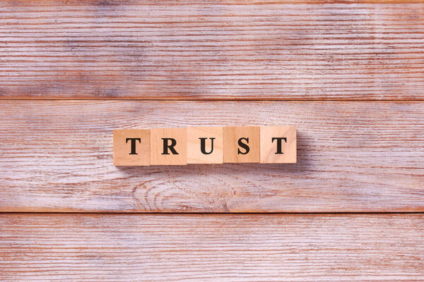 Trust word lettering made of wooden cubes on dark rustic wooden background. Business concept