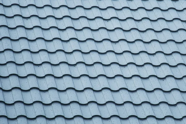 Yağmurdan sonra damlayan su ile bulanık yeni metal çatı. Çatı şantiyesi. Metal çatı.