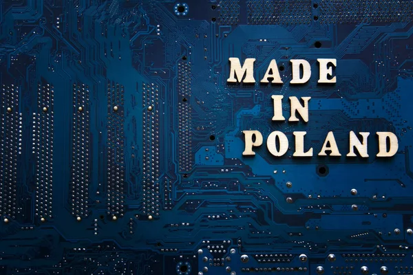 Iscrizione Made Poland Circuito Stampato Elettronico Blu Sfondo Con Copyspace — Foto Stock