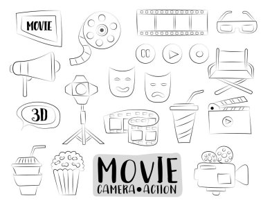 Film sinema Icons set. Renkli elle çizilmiş doodle nesneler. Siyah ve beyaz anahat sayfa boyama. Vector Illustrator.