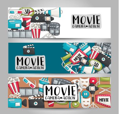 Film sinema tema. Yatay banner şablon kümesi. Modern elle çizilmiş doodle tasarım. Vector Illustrator.