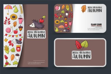 Sonbahar sezonu kurumsal kimlik tasarımı ayarlayın. El ilanı ve kartvizit şablonu. Alışveriş veya satış için afişler. Vektör çizim.