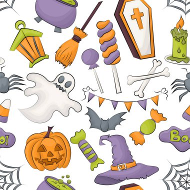 Cadılar Bayramı Dikişsiz desen tasarım kaydırma, paket, arka plan için. Karikatür tarzı vektör çizim.
