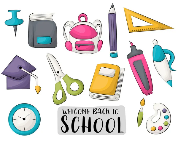 Back School Icons Set Colorful Hand Drawn Doodle Objects Vector — Stock Vector