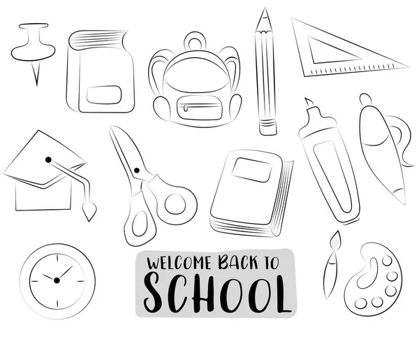 Back School Icons Set Black White Outline Hand Drawn Doodle — Stock Vector