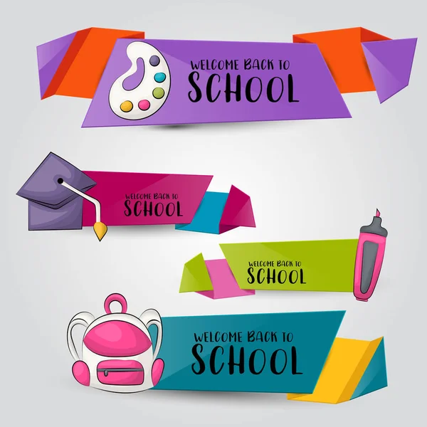 Back School Concept Horizontal Banner Template Set Modern Hand Drawn — Stock Vector