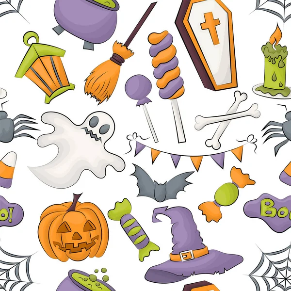 Diseño Patrón Sin Costuras Halloween Para Envolver Paquete Fondo Dibujos — Vector de stock