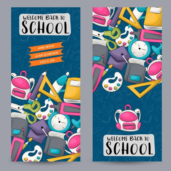 Terug Naar School Concept Verticale Banner Sjabloon Set Moderne Hand — Stockvector