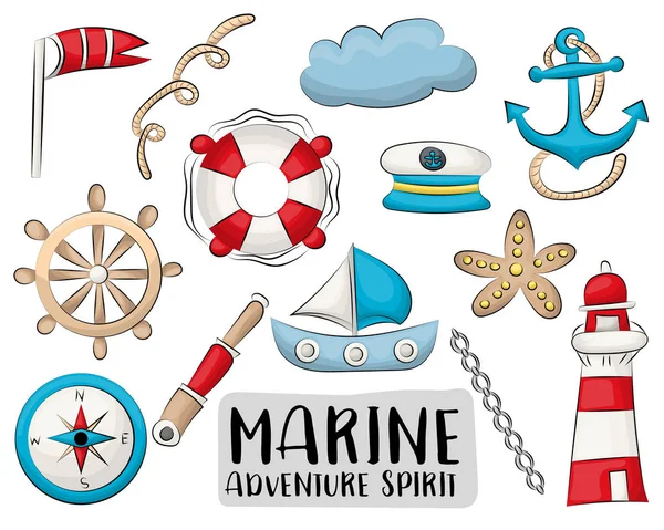 Maritime Nautische Reise Symbole Gesetzt Bunte Handgezeichnete Kritzelobjekte Vektorillustrator — Stockvektor