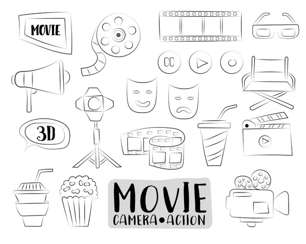 Conjunto Iconos Cine Coloridos Objetos Garabatos Dibujados Mano Esquema Blanco — Vector de stock