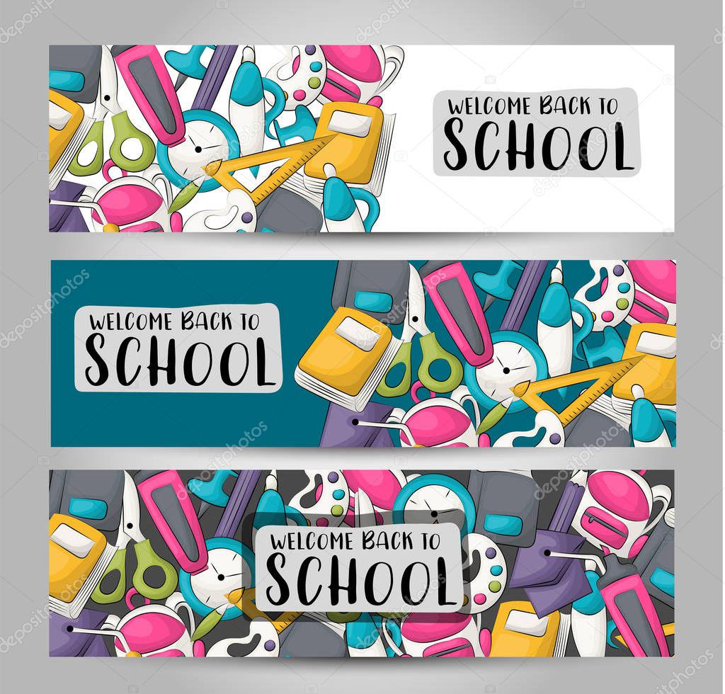 Back to school concept. Horizontal banner template set.  Modern hand drawn doodle design. Vector illustrator.