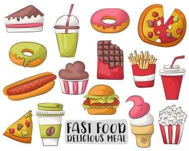 Fast food karikatür simgeleri ve nesneleri kümesi. Çizilmiş vektör çizim el.