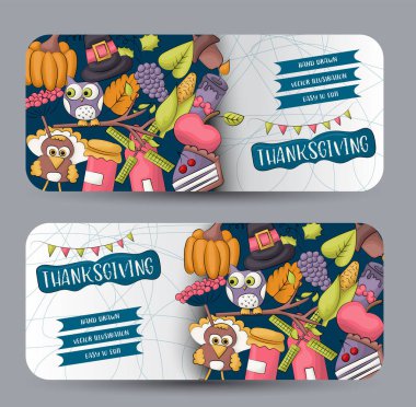 Şükran günü yatay afiş kümesi. Mutlu tatil kavramı. Reklam, satış, bir partisine davet sonbaharda hasat tasarım şablonu. Vektör çizim.