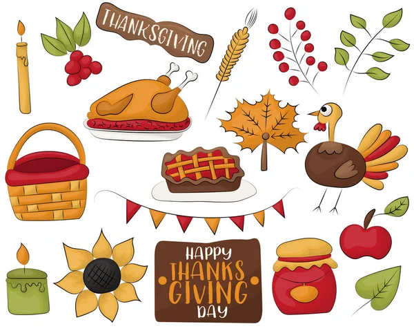 Happy Thanksgiving Jour Icônes Dessin Animé Des Objets Fixés Illustration — Image vectorielle