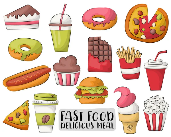 Comida Rápida Iconos Dibujos Animados Objetos Establecidos Ilustración Vectorial Dibujada — Archivo Imágenes Vectoriales