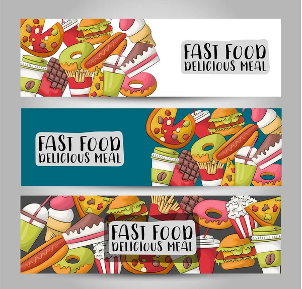 Fast Food Vízszintes Banner Állítsa Koncepció Étterem Hirdetés Sablont Vektoros — Stock Vector