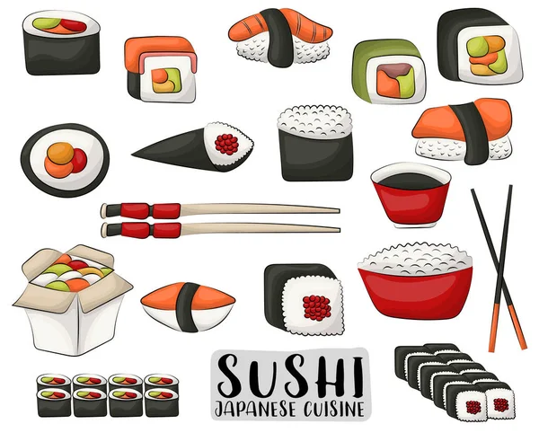 Sushi Und Semmeln Set Japanische Küche Symbole Und Objekte Für — Stockvektor