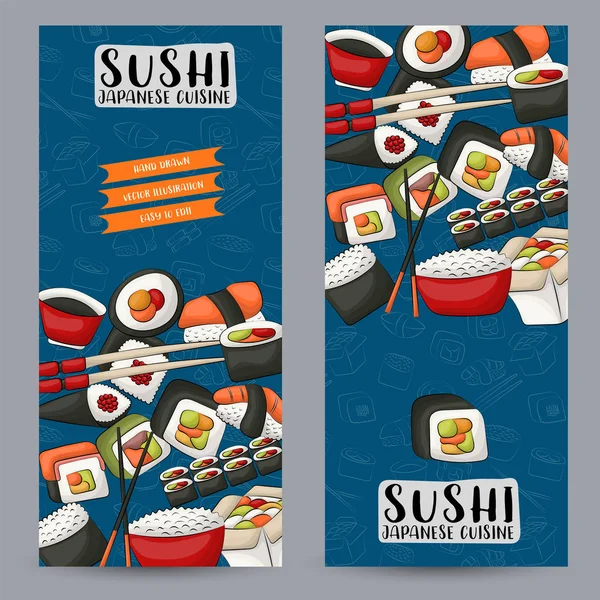 Sushi Bar Asian Restaurant Vertical Banner Set Japanese Food Advertisement — Stock Vector