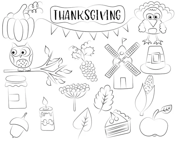 Thanksgiving holiday icon set. Autumn harvest design concept. Black and white outline coloring page kids\' game. Vector illustration.
