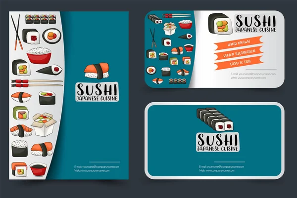 Sushibar Eller Restaurang Flyer Och Visitkort Set Vektorillustration — Stock vektor