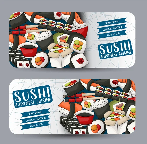 Sushi Bar Restaurante Asiático Conjunto Pancarta Horizontal Plantilla Diseño Publicidad — Vector de stock