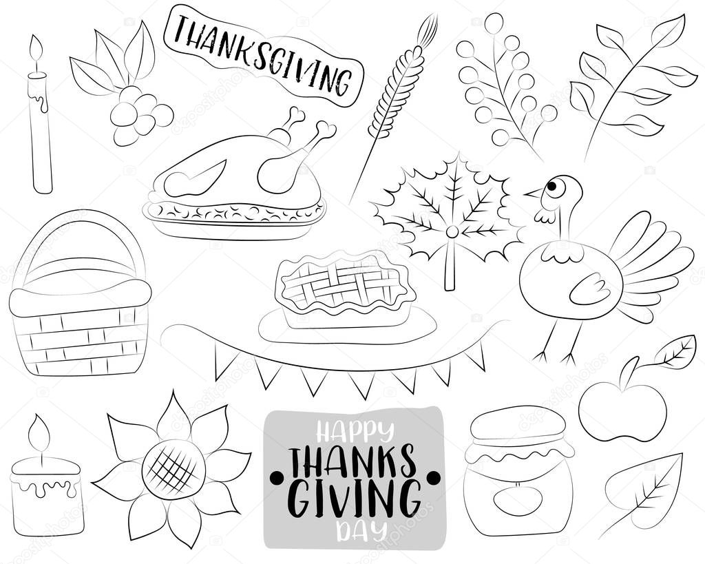 Happy Thanksgiving day cartoon icons and objects set.  Black and white outline coloring page. Hand drawn kids game vector illustration.