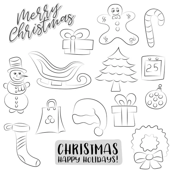 Christmas New Year Set Icons Objects Hand Drawn Doodle Cartoon — Stock Vector