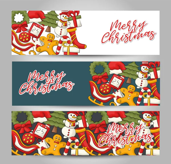 Natal Ano Novo Conjunto Banner Horizontal Cabeçalho Bonito Para Convite —  Vetores de Stock