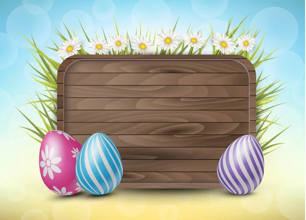 Cartel Madera Pascua Con Huevos Pintados Realistas Vidrio Verde Flores — Vector de stock
