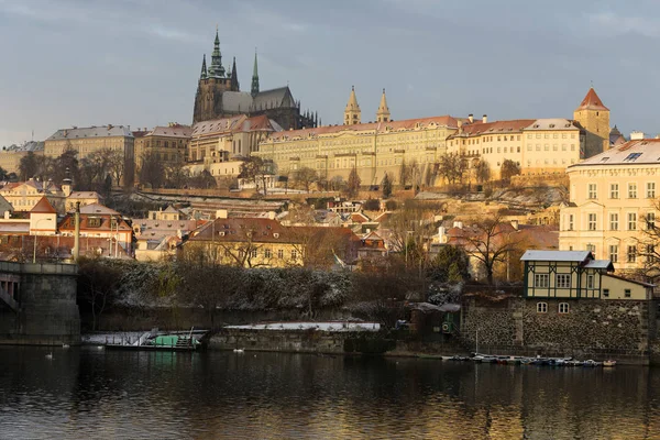 Sunny Snowy Early Morning Prague Lesser Town Gothic Castle River — Stock Photo, Image