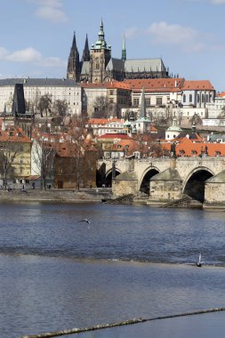 Gotik Prag Kalesi ile Strana'da yukarıda Nehri Vltava güneşli gün, Çek Cumhuriyeti