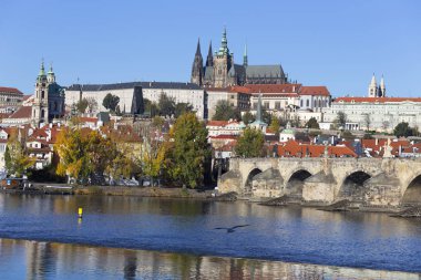 Renkli sonbahar Gotik Prag Kalesi ve Charles Köprüsü ile Strana'da güneşli gün, Çek Cumhuriyeti