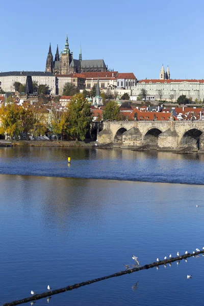 Färgglad Höst Gotiska Pragborgen Och Karlsbron Med Malá Strana Soliga — Stockfoto