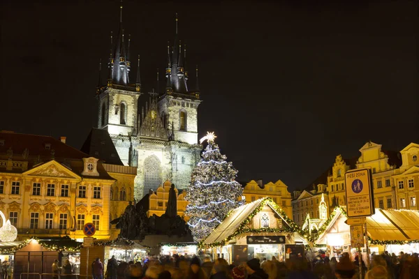 Natale Nella Notte Piazza Della Città Vecchia Praga Repubblica Ceca — Foto Stock