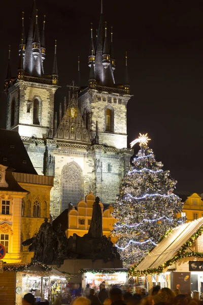 Natale Nella Notte Piazza Della Città Vecchia Praga Repubblica Ceca — Foto Stock