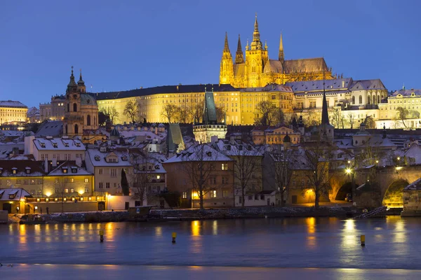 Night Colorful Snowy Christmas Prague Lesser Town Gothic Castle Charles — Stock Photo, Image