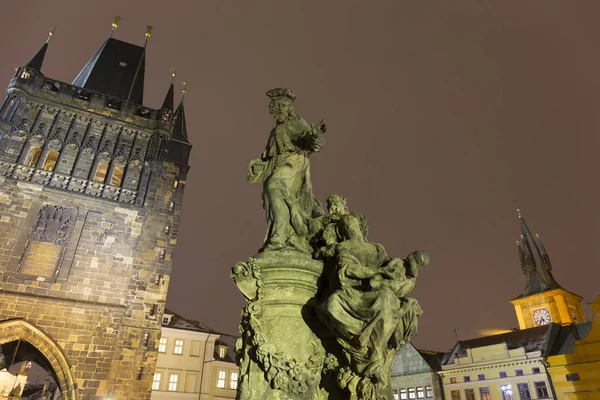 Night Snowy Prague Old Town Charles Bridge Czech Republic — Stock Photo, Image