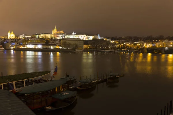 Night Snowy Christmas Prague Lesser Town Gothic Castle River Vltava — Stock Photo, Image