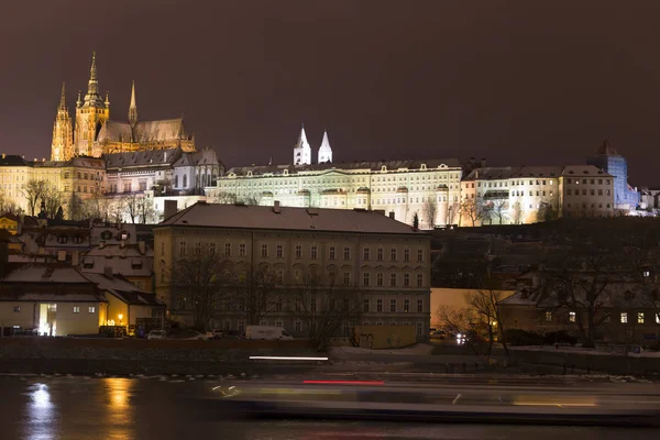Night Snowy Christmas Prague Lesser Town Gothic Castle River Vltava — Stock Photo, Image