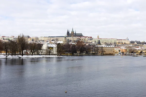 Snowy Prague Lesser Town Prague Castle Charles Bridge Czech Republic — стоковое фото