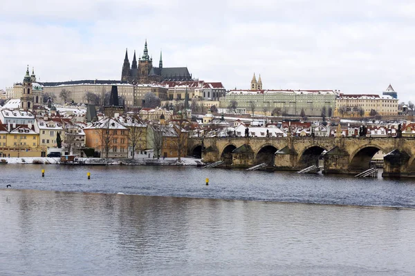 Snowy Prague Lesser Town Prague Castle Charles Bridge Czech Republic — стоковое фото