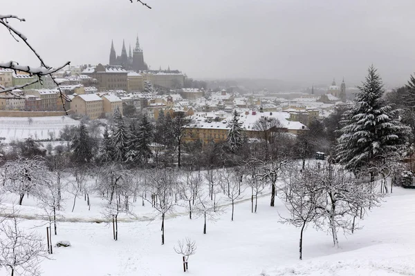 Zasněžené Mlhavé Prague City Gotického Hradu Kopce Petřín Česká Republika — Stock fotografie