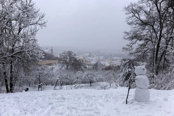 Snowy Mglisty Prague City Katedry Świętego Mikołaja Wzgórze Petrin Republika — Zdjęcie stockowe