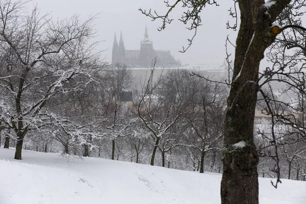 从捷克的山彼得林的哥特式城堡的多雾布拉格城市 — 图库照片