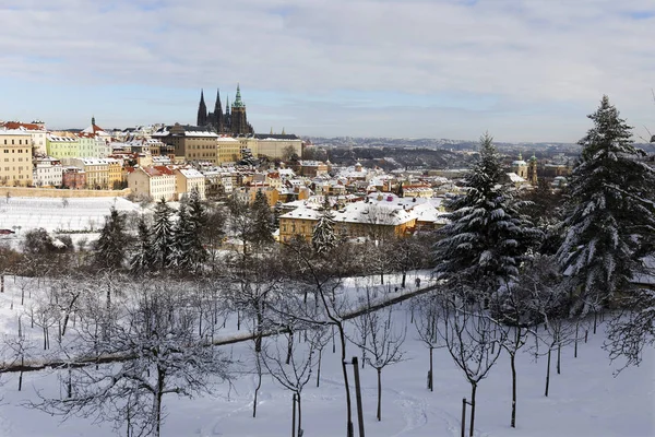 Snowy Prague City Gothic Castle Hill Petrin Sunny Day Czech — Stock Photo, Image