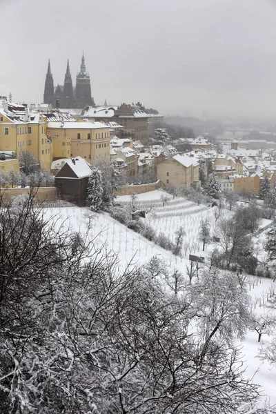 Nevoeiro Nevoeiro Cidade Praga Com Castelo Gótico Hill Petrin República — Fotografia de Stock